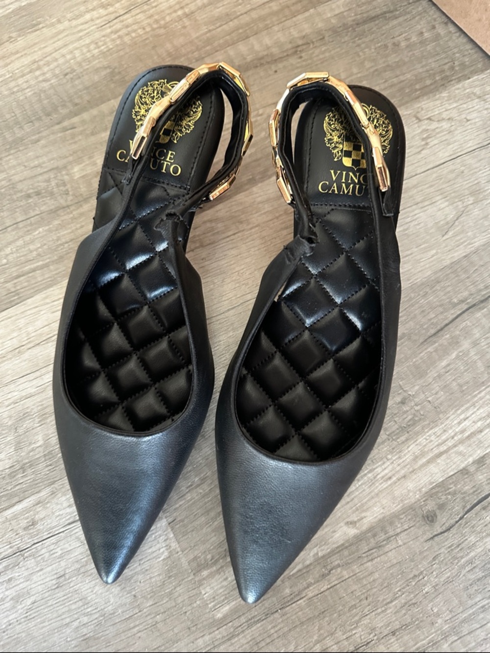 Vince Camuto Black Pointed Slingback Flats with Gold Chain Strap - Size 7